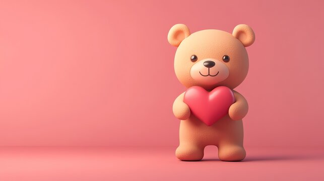 Fototapeta Cute cartoon teddy bear holding a heart, perfect for Valentine's Day.