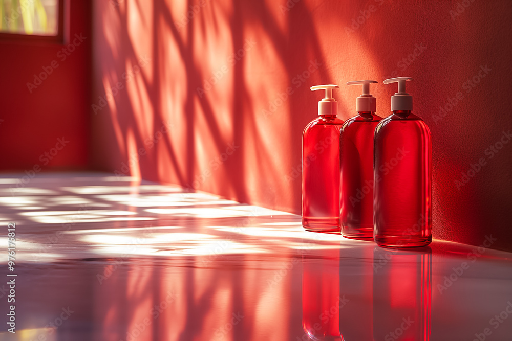 Canvas Prints Three red bottles sit on a sleek marble surface, catching sunlight in a warmly colored room. Shadows created by window frames add depth to the scene