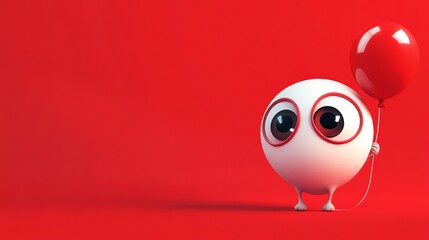 A white cartoon character with large eyes and red glasses holds a red balloon on a red background.