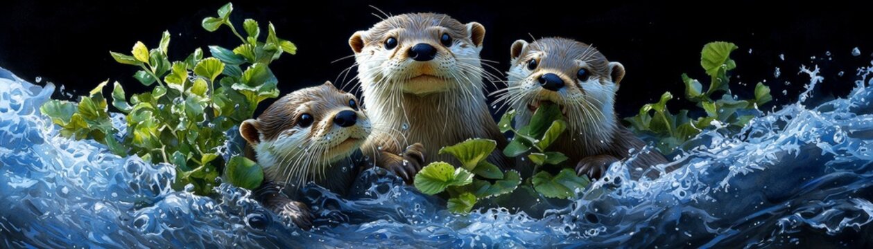 A family of otters playing in a river, watercolor capturing the playful freedom of nature&acirc;&euro;&trade;s small creatures.
