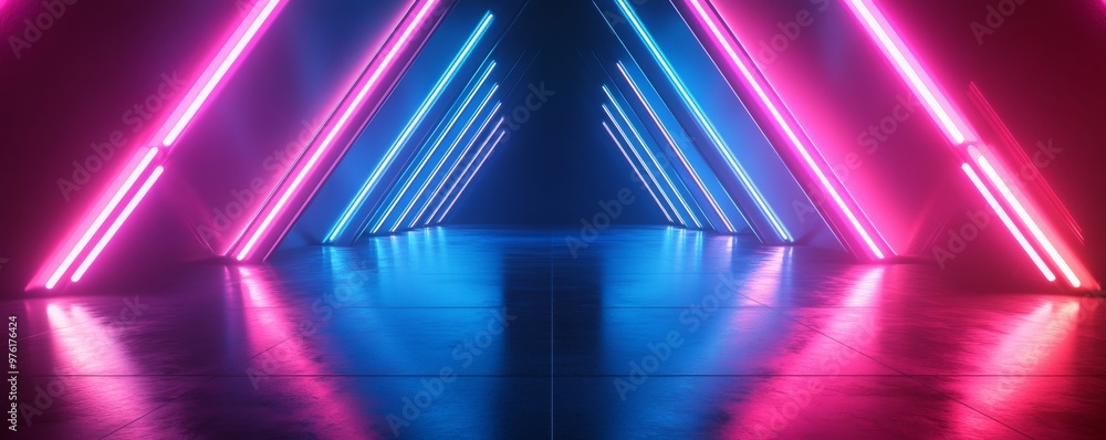 Poster neon lights creating futuristic corridor with empty space background