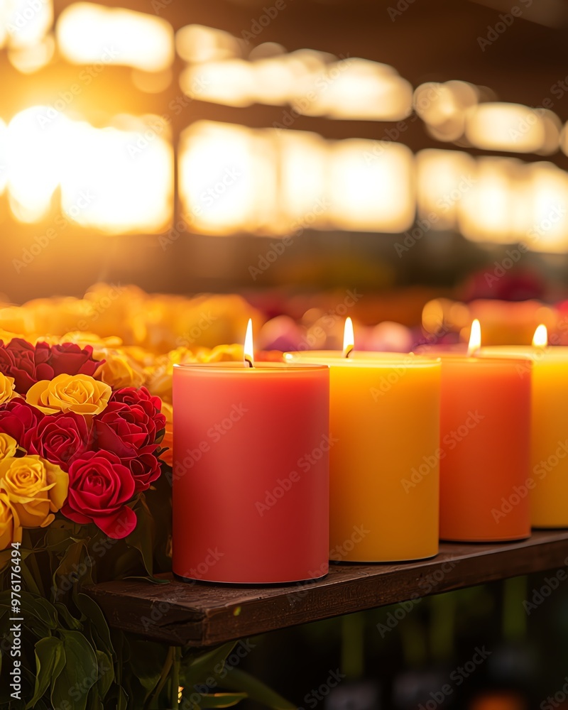 Poster a vibrant display of candles and colorful roses illuminated by warm sunlight, creating a serene and 
