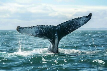 Naklejka premium A gray whale, migrating along the coast, its powerful tail propelling it through the waves with relentless force