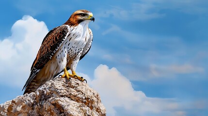 A hawk perched high on a cliff, watercolor blending earth and sky tones to symbolize keen vision and freedom.