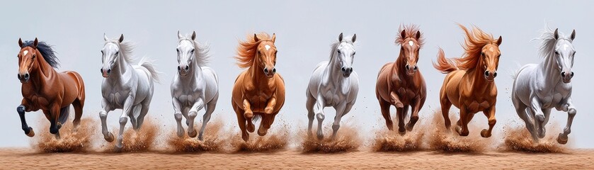 Obraz premium A herd of wild horses kicking up dust as they run across a desert landscape, watercolor capturing their raw energy and freedom.