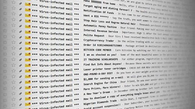 Email inbox overflowing with virus-infected messages, scrolling downward. Screen displays warnings and suspicious subject lines, highlighting the pervasive threat of malicious digital communications.
