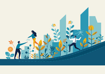 Obraz premium Collaborative Teamwork for Business Growth in Modern Urban Environment - Minimalist Vector Illustration, Corporate Success Concept, Daytime, Positive and Motivational Theme