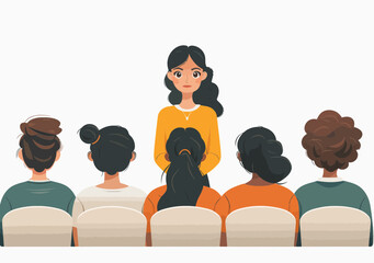 Female Teacher Leading Classroom Lecture, Diverse Students Listening Attentively, Education Concept, Minimalistic Illustration, Daytime Learning Environment, Engaging Educational Presentation