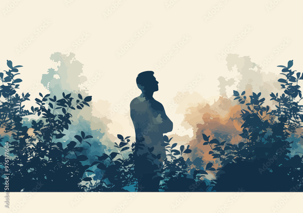 Poster contemplative businessman in abstract nature setting considering solutions - minimalistic vector ill