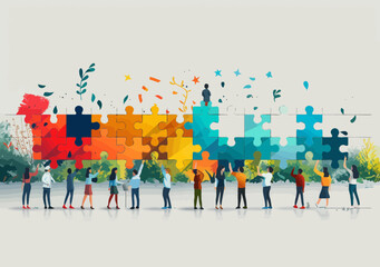 Collaborative Team Building a Successful Business Plan Puzzle Piece by Piece - Vibrant Vector Illustration of Strategy Discussion and Planning