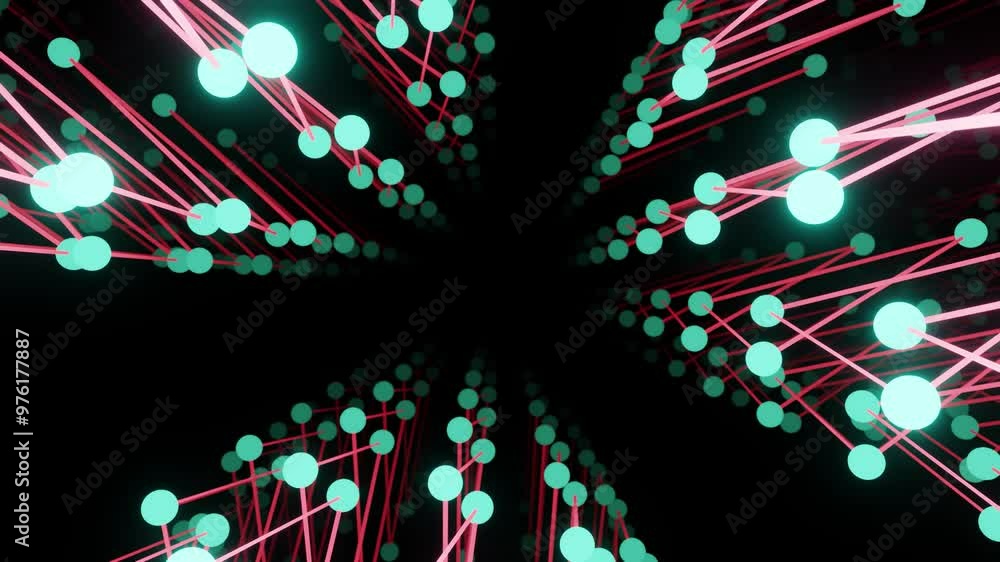Poster 3d rendering of glowing green dot connected with red lines rotating in loop