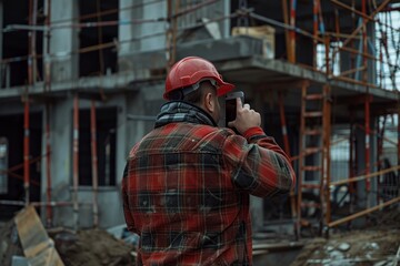 Fototapeta premium A construction worker wearing a red hard hat is seen talking on his phone while observing the ongoing work at a building site surrounded by scaffolding.