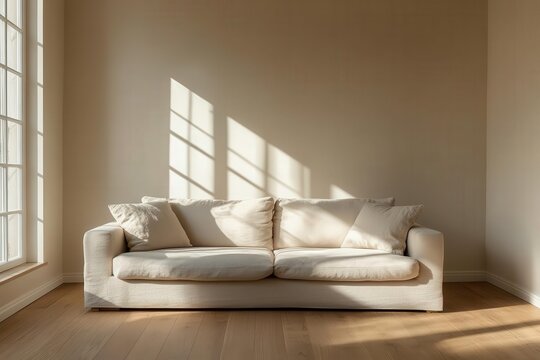 Neutraltoned sofa in a spacious, sunlit living room with bare walls and sleek wooden flooring, Minimal living room, cozy simplicity