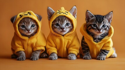 Fototapeta premium Cute Kittens in Halloween Costumes with Pumpkins on Orange Background AI generated