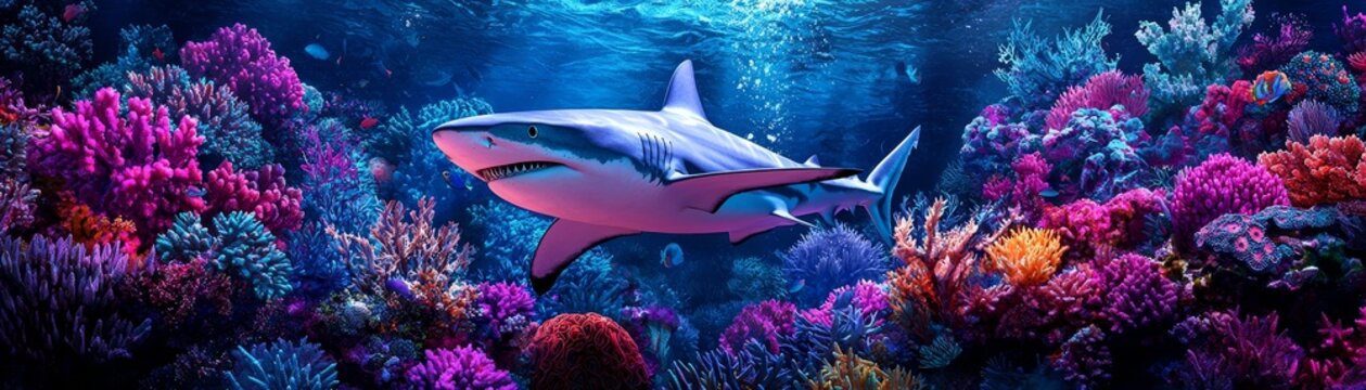 A shark swimming freely through a vibrant coral reef, watercolor tones blending the colors of the sea with the shark&acirc;&euro;&trade;s graceful movements.