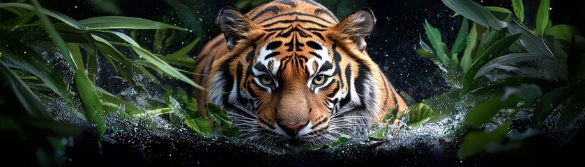 Fototapeta premium A tiger prowling through a dense jungle, with watercolor brushstrokes blending into the wild surroundings.