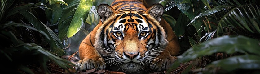 Fototapeta premium A tiger prowling through a dense jungle, with watercolor brushstrokes blending into the wild surroundings.