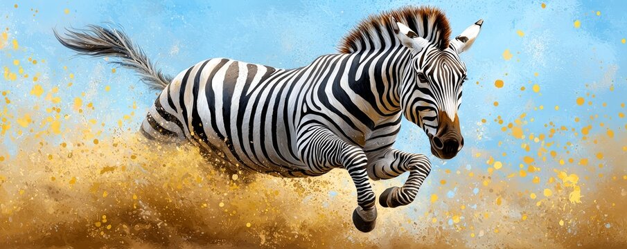 A zebra running through tall grasses, watercolor blending black-and-white stripes with the wild landscape to evoke freedom.