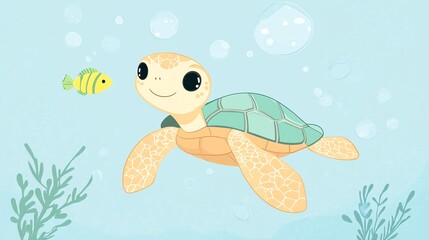 A cute cartoon sea turtle swims through the ocean with a small fish nearby.