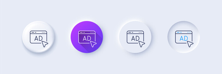 Ad line icon. Neumorphic, Purple gradient, 3d pin buttons. Online offer sign. Internet promotion symbol. Line icons. Neumorphic buttons with outline signs. Vector