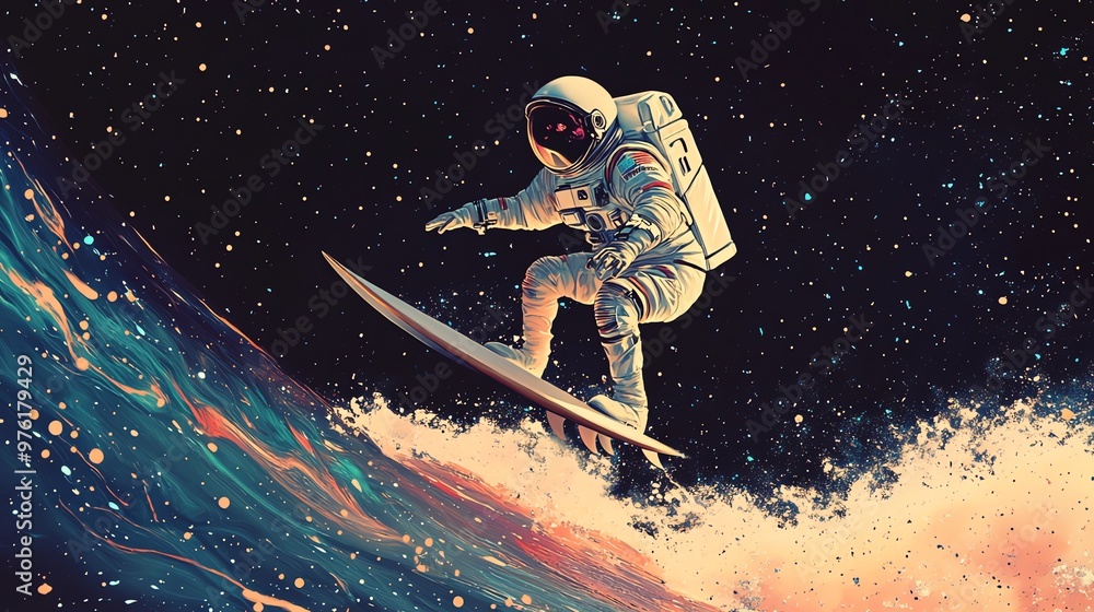 Poster an astronaut surfs on a cosmic wave in space.