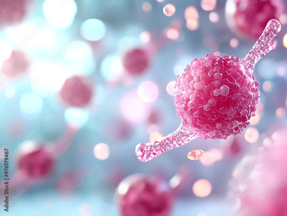 Poster abstract representation of vibrant pink cells against a soft gradient background, illustrating cellu