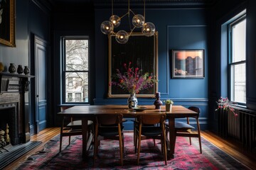 A stylish dining area that showcases beautiful blue walls, contemporary lighting, and elegant, inviting furnishings