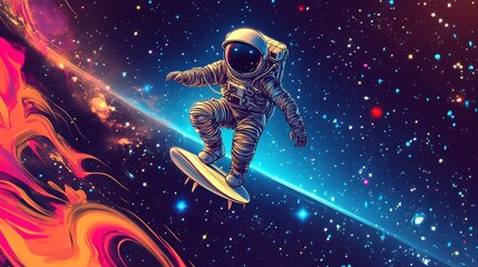Astronaut surfing on a surfboard in space.