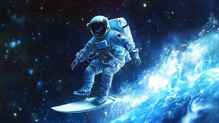 Fototapeta premium An astronaut surfing in space.