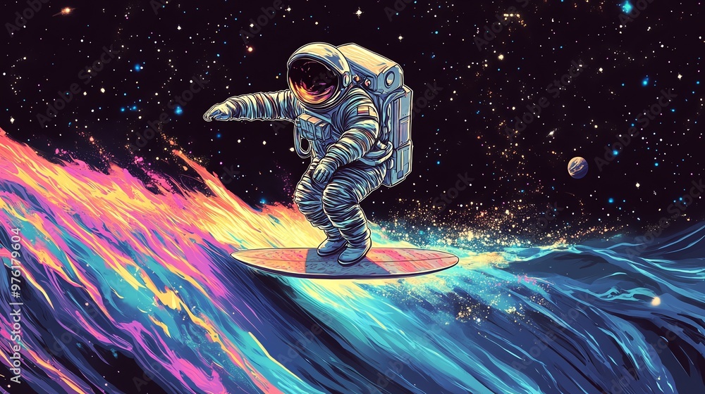 Poster an astronaut surfs on a wave in space.