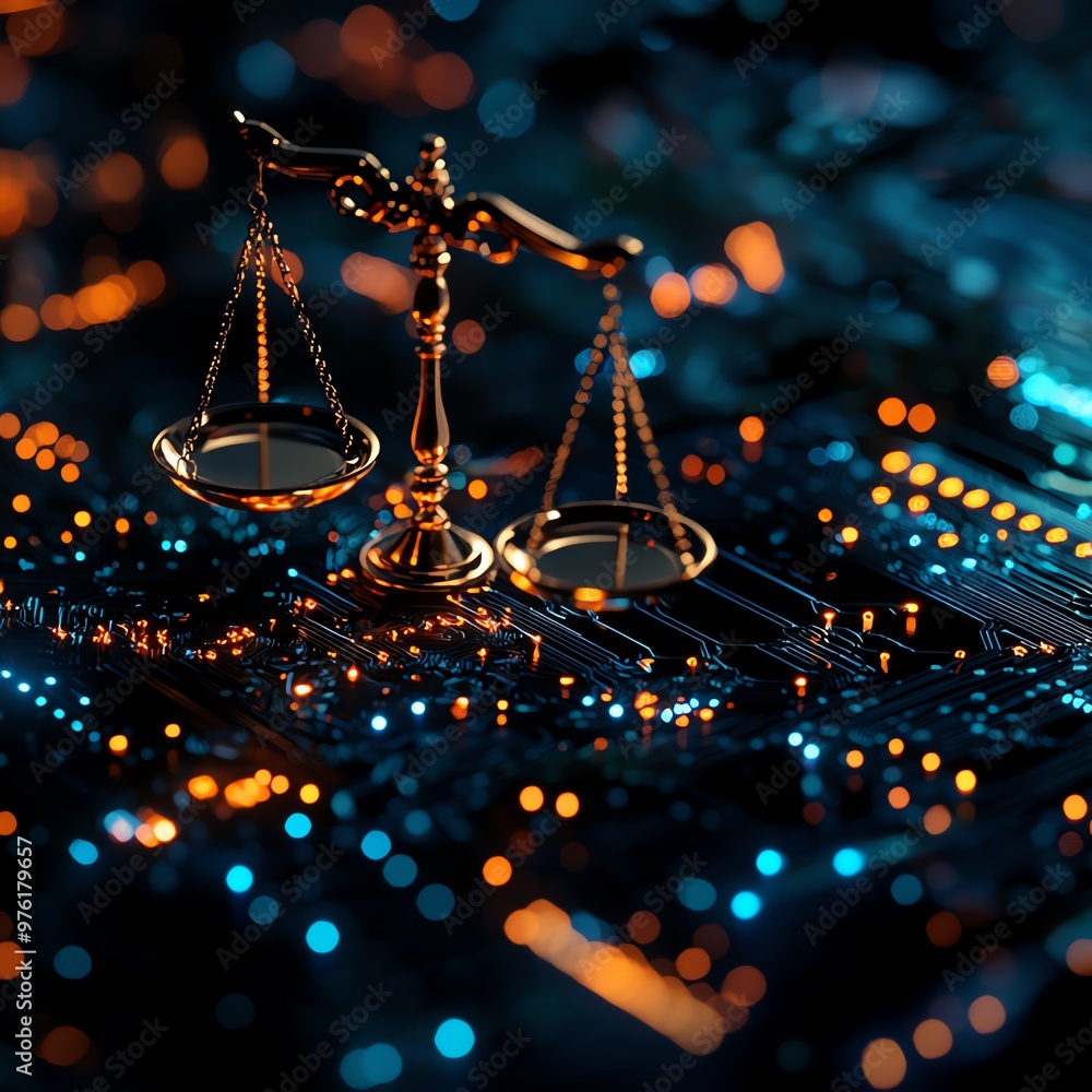 Poster an elegant balance scale placed on a vibrant circuit board, symbolizing the intersection of law and 