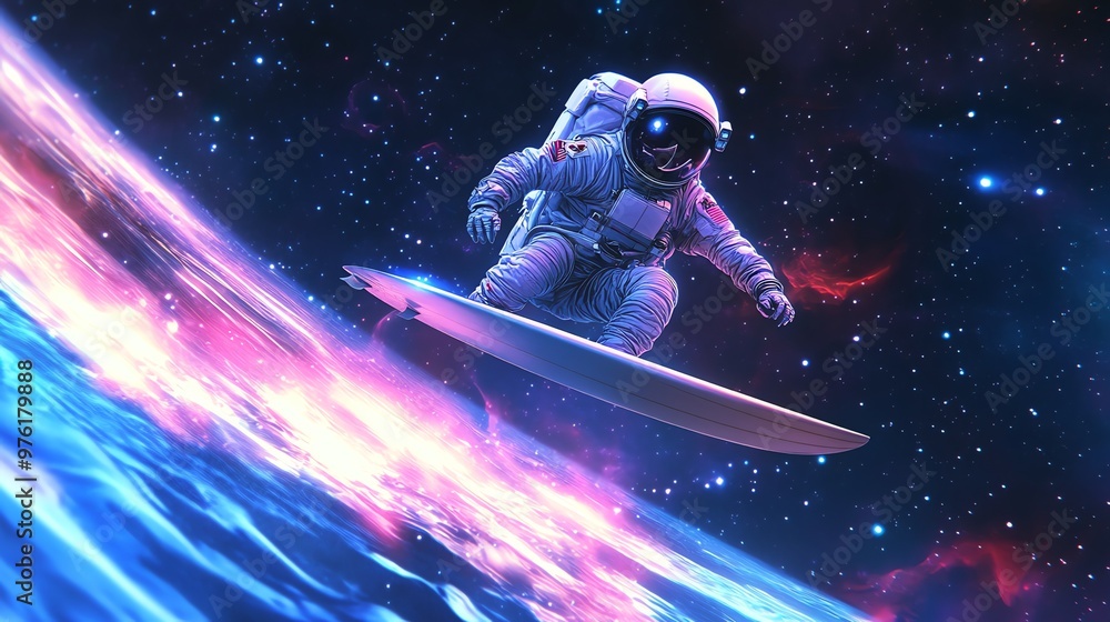 Poster an astronaut surfs on a wave of stardust in space.