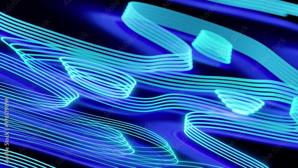 Poster multicolored waving lines appearing against dark background. 3d animation loop