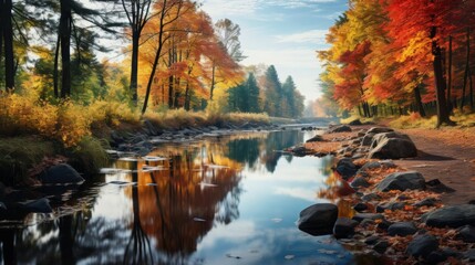 Fototapeta premium A tranquil illustration of a reflective pond surrounded by colorful autumn trees