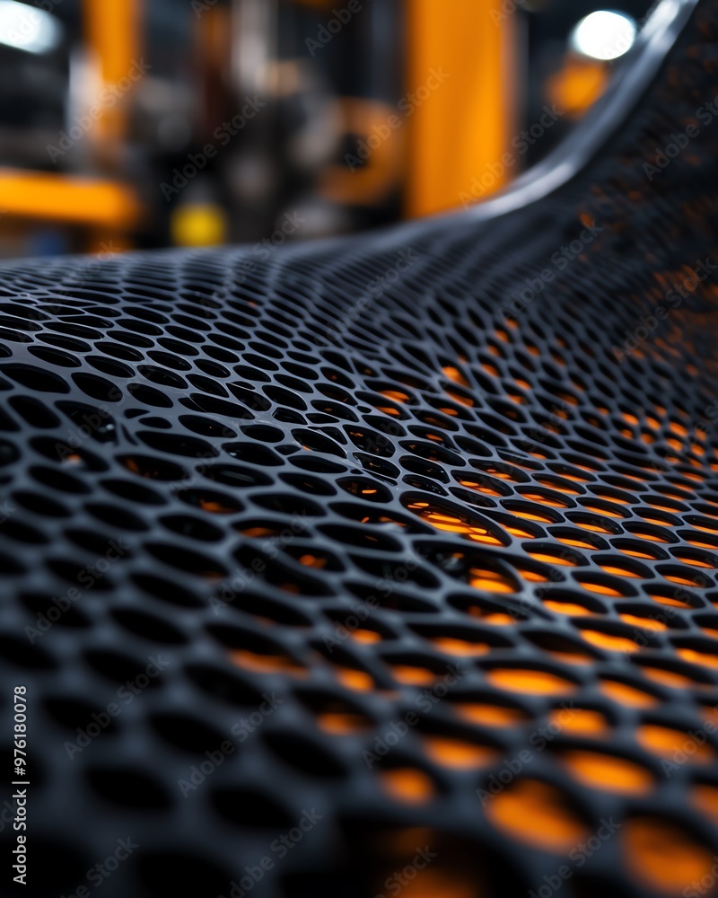 Poster close-up of a black mesh material showcasing a unique hexagonal pattern, ideal for industrial and de