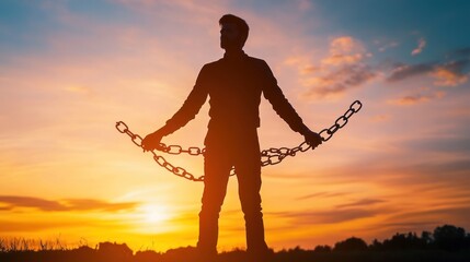 Silhouette of a Man Breaking Free at Sunset