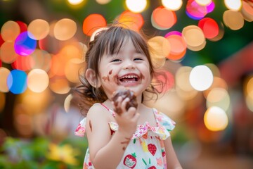 Curly-haired girl full of happiness exudes vibrant energy. Joyful infant cheerful expression capturing pure happiness. Portrayal of carefree innocence fleeting moment of bliss.