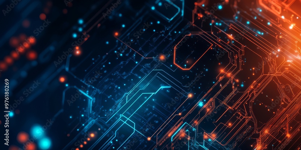Poster explore a vibrant digital background with intricate circuitry, glowing lights, and abstract patterns