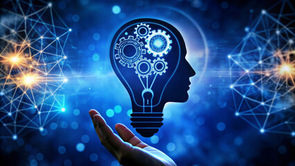 The human silhouette shows a light bulb full of gears, symbolizing creative ideas. A hand supports a light bulb against a background of interconnected nodes and a deep blue abstract space. AI generate