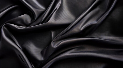Fototapeta premium Abstract dark black crumpled fabric texture background , smooth elegant black silk , satin luxury cloth wave