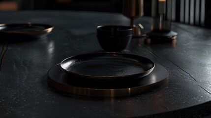 A dark, minimalist dining table setting with black plates, bowls, and a copper charger plate, with candlesticks and other decorative items in the background