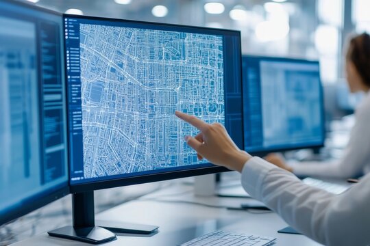 Team collaboration in urban planning  analyzing architectural blueprints on multiple monitors - Powered by Adobe