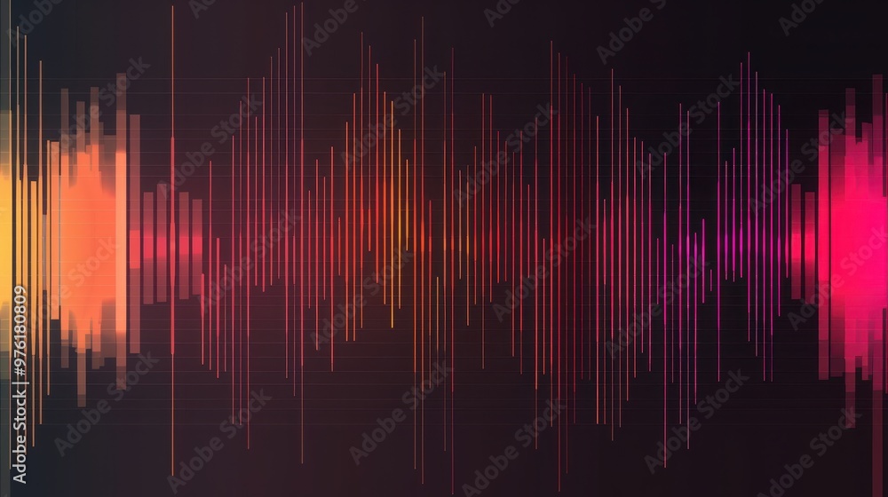 Poster an abstract representation of sound waves with colorful vertical lines on a dark background