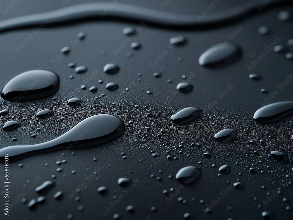 Poster 3d close-up of water droplets on a dark surface, showcasing their shape and texture for various desi