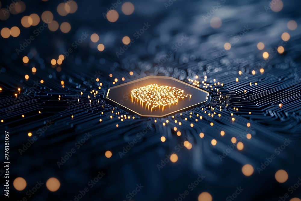 Poster close-up view of a glowing microchip on a circuit board, surrounded by bright data particles, highli