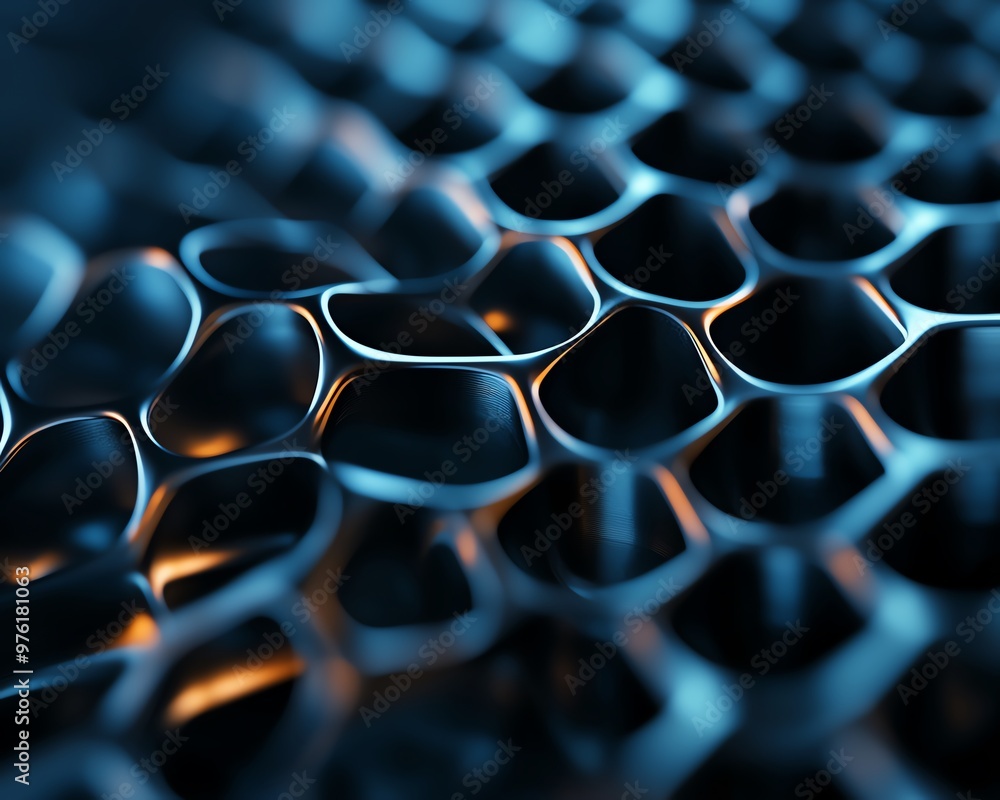 Poster 3d close-up view of a hexagonal pattern showcasing metallic textures and intriguing blue lighting, r