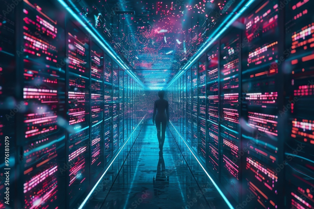 Poster a person strolls down a corridor of towering server racks illuminated by a kaleidoscope of neon ligh