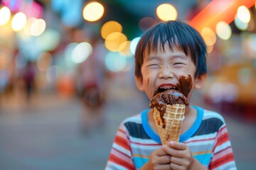 Adorable boy capturing delight of eating tasty home-cooked snack. Small and playful boy is completely carefree lunchtime. Delightful simplicity of childhood seen mealtime snack.