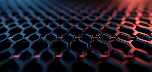 Fototapeta premium 3D Close-up view of a modern hexagonal grid pattern with blue and red lighting, ideal for technology and innovation themes.