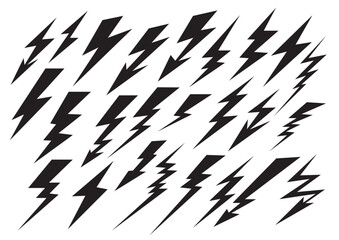 Lightning icons. Black silhouette of thunder and lightning different forms. Set of flash symbols or emblems. Vector illustration.